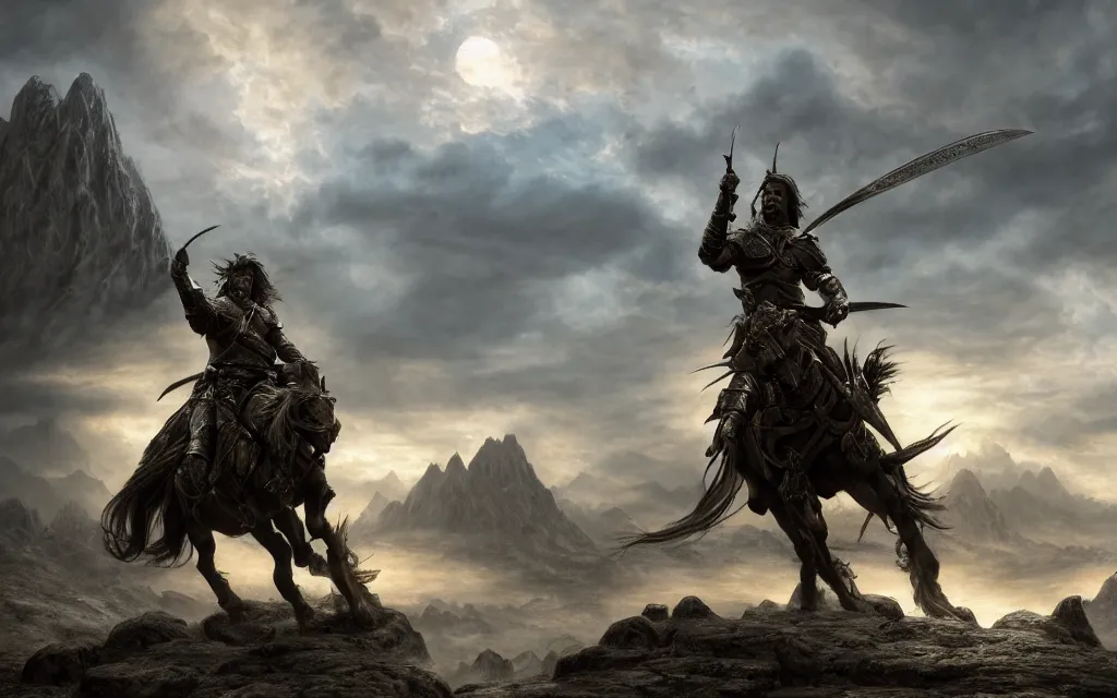 Image similar to a warrior on horseback holding a sword fighting a dragon, fantasy composition, medieval adventurers in lord of the rings scenery landscape, magic portal in the sky, highly detailed, cinematic lighting, perfect composition, 4 k, gustave dore, derek zabrocki, greg rutkowski, belsinski, octane render, dark fantasy, intricate, elegant, highly detailed