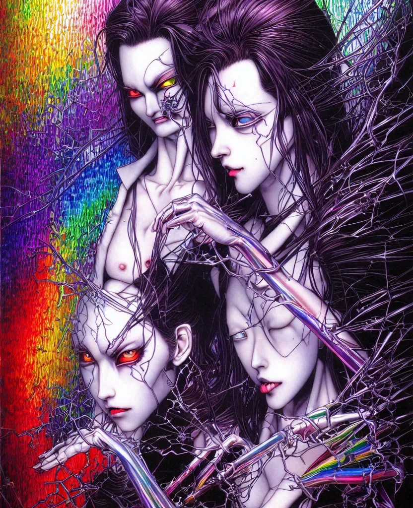 Image similar to realistic detailed image of ultra wrathful rainbow diamond nightmare scientist mega american psycho depth perception depth of field action horror masterpiece neo - gothic gothic rich deep colors art by yoshitaka amano by yukito kishiro by yoshiyuki sadamoto by artgerm by hajime sorayama