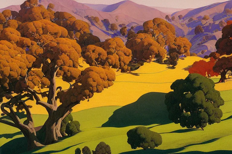 Prompt: masterpiece painting of california hills in the summer, by a. j. casson and john watkiss and edward okun and erin hanson and dan munford and maxfield parrish and j. c. leyendecker and andreas rocha and sylvain sarrailh, oak trees and dry grass, dramatic lighting