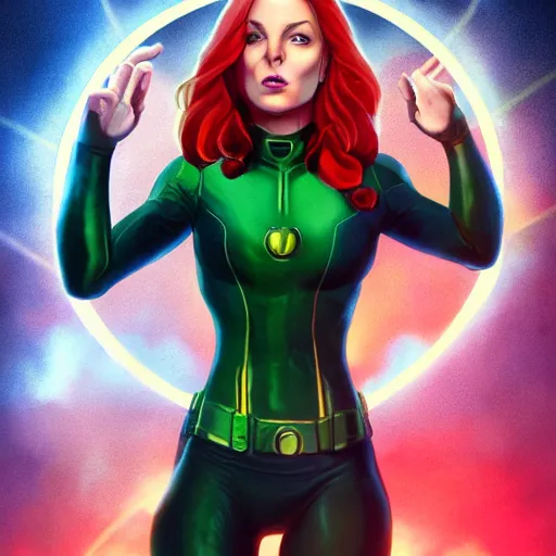 Prompt: jean grey, a full body portrait of jean grey, green eyes, red hair, phoenix rising, flames, flying, comic, x - men, highly detailed, artstation, deviantart, symetry, digital painting, vivid colors, realistic shaded perfect face, volumetric lighting, atmospheric, sharp focus, moody, in the style of alex ross, 8 k