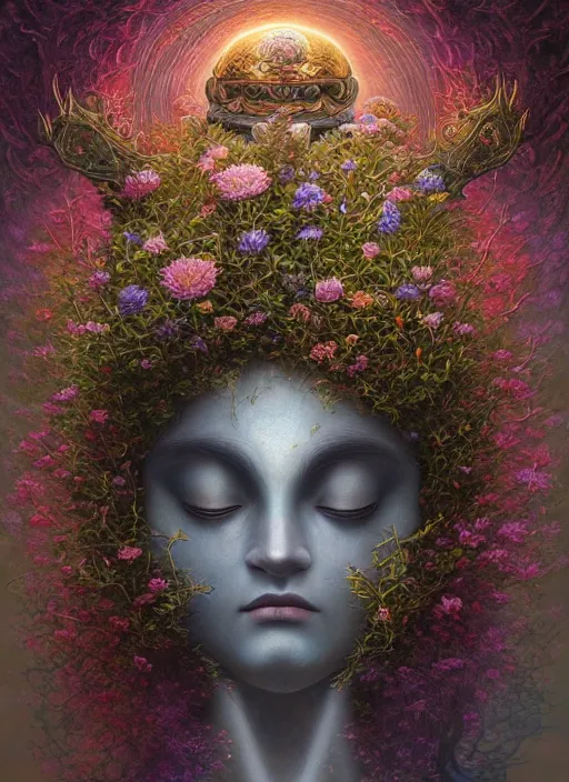 Image similar to helmet of a forgotten deity made of flowers, in the style of tomasz alen kopera and fenghua zhong and peter mohrbacher, mystical colors, rim light, beautiful lighting, 8 k, stunning scene, raytracing, octane, trending on artstation