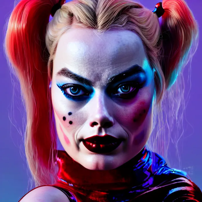 Image similar to portrait of Margot Robbie as a harley quinn. intricate abstract. intricate artwork. by Tooth Wu, wlop, beeple, dan mumford. octane render, trending on artstation, greg rutkowski very coherent symmetrical artwork. cinematic, hyper realism, high detail, octane render, 8k, iridescent accents