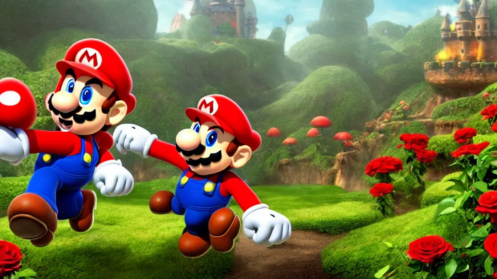 Prompt: mario stomping a goomba in the mushroom kingdom near the castle, exotic flora, giant roses, thousands of flowers, fantasy artwork, very very very beautiful scenery, hd, hdr, ue 5, ue 6, unreal engine 5, cinematic 4 k wallpaper, 8 k, ultra detailed, high resolution, artstation, award winning