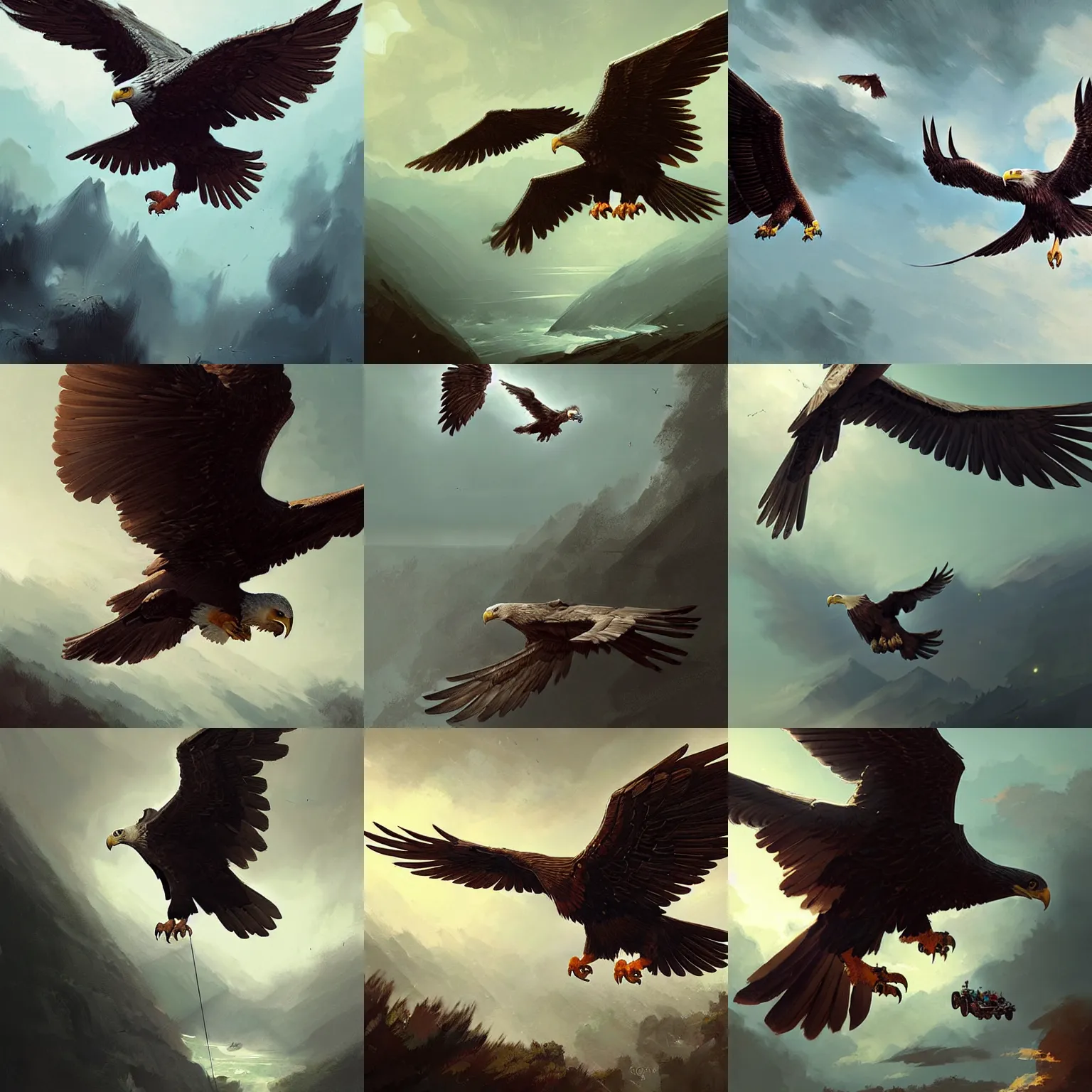 Prompt: a giant eagle flying off carrying a toy train, digital art by greg rutkowski
