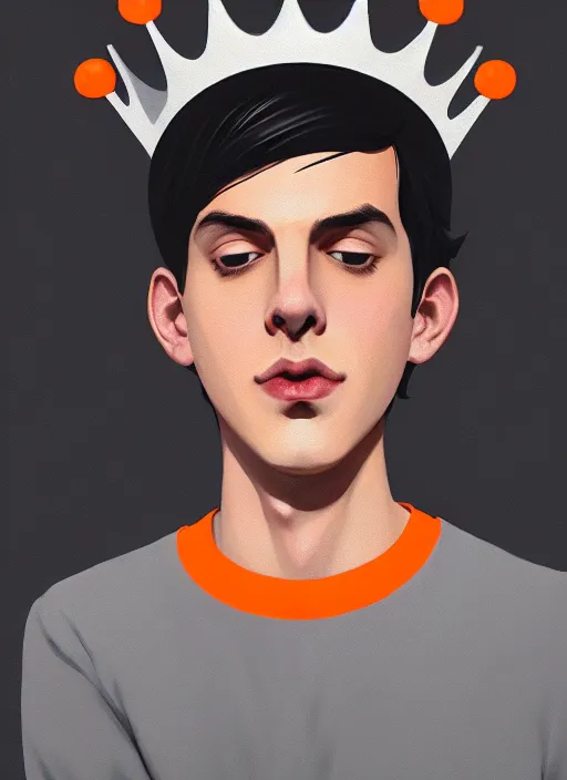 Image similar to portrait of teenage jughead jones wearing a light grey crown, crown, hamburger background, eyes closed, crown, black hair, orange, intricate, elegant, glowing lights, warm lighting, highly detailed, digital painting, artstation, concept art, smooth, sharp focus, illustration, art by wlop, mars ravelo and greg rutkowski