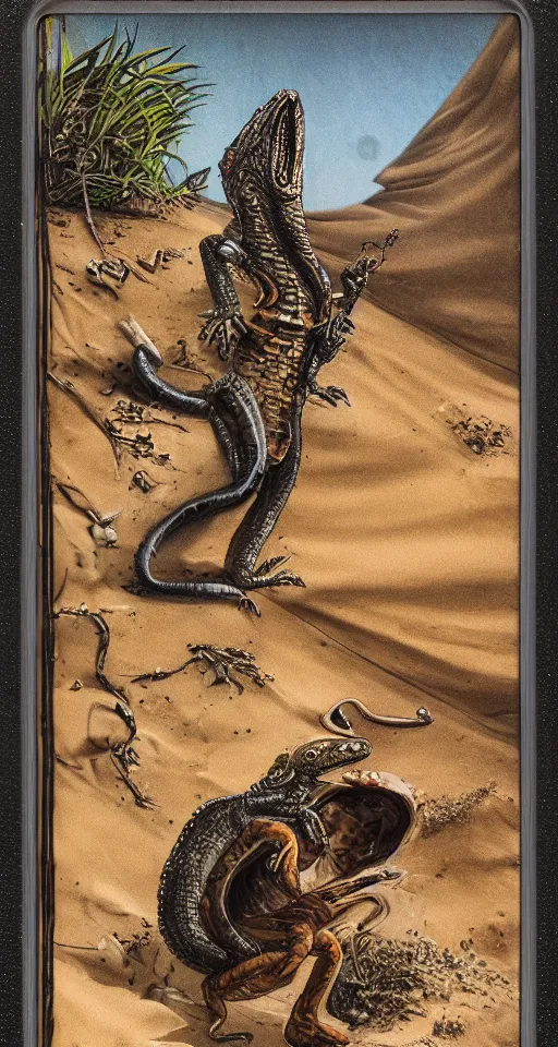 Image similar to charred photograph of a half man half lizard hybrid exploring a dune with treasure in his backpack and a sword in his hand, 4 k, detailed, landscape, realistic, polariod