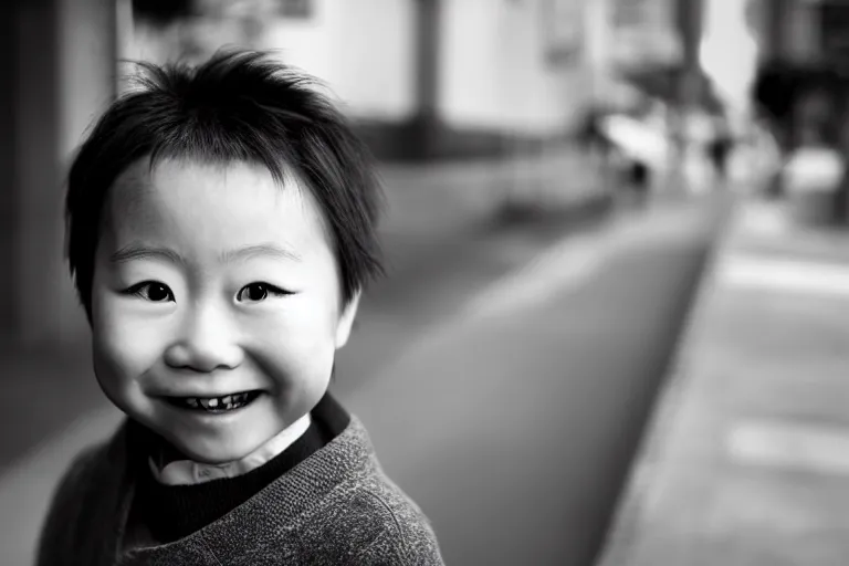 Image similar to still photo of a japanese child smiling at the camera on the street, black and white color aesthetic, highly detailed, photorealistic portrait, bright studio setting, studio lighting, crisp quality and light reflections, unreal engine 5 quality render