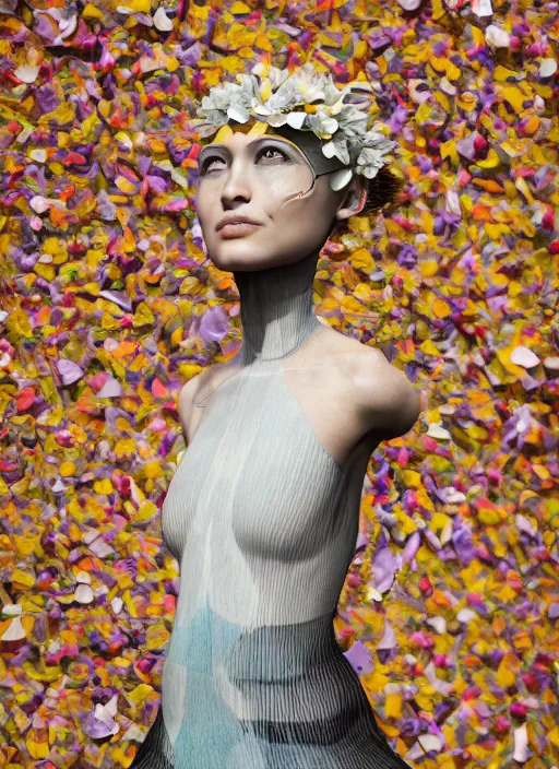 Prompt: an anthromorphic beautiful bee woman wearing striped couture made out of wax and paper and flower petals, at a fashion shoot, by issey miyake, trending on Art Station, 3D, octane render,