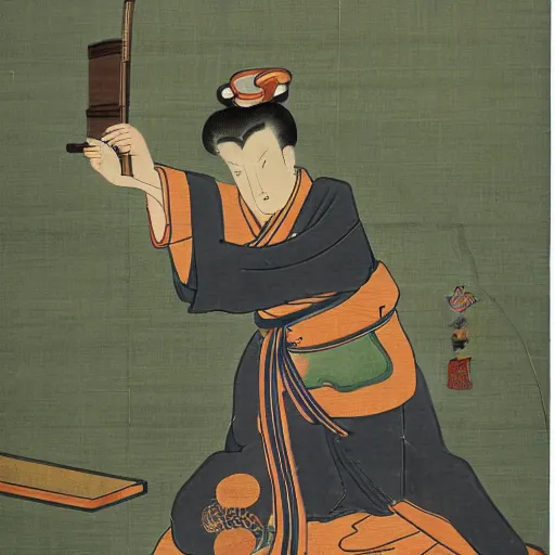 Prompt: a japanese ancient art style painting of an urban man firing a gun