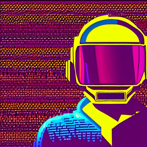 Image similar to daft punk cyberpunk retro synthwave pixel art robot futuristic city background flash colors