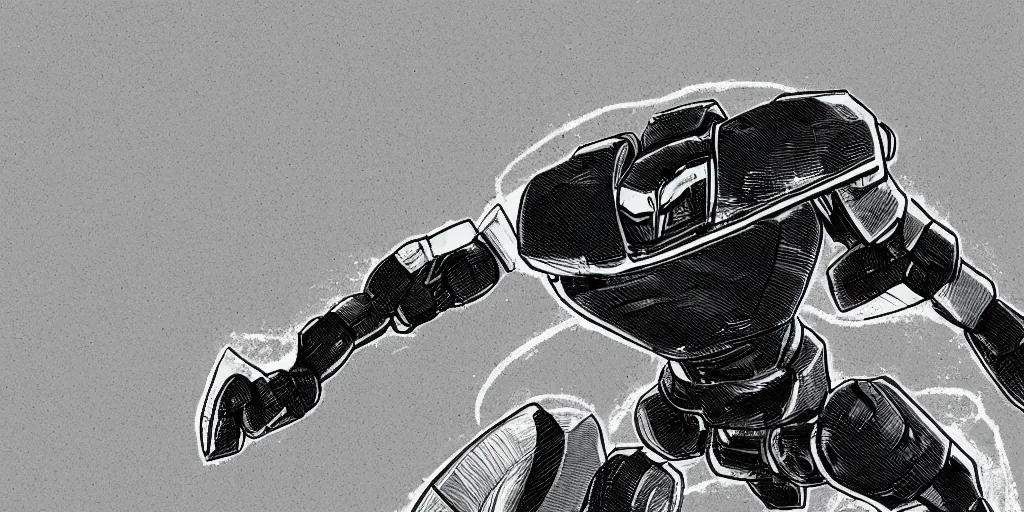 Image similar to a simple black and white pencil storyboard of a giant humanoid athletic sleek futuristic humanoid robot mech powering up as small floating particles swirl around it, lines of energy, going supersaiyan