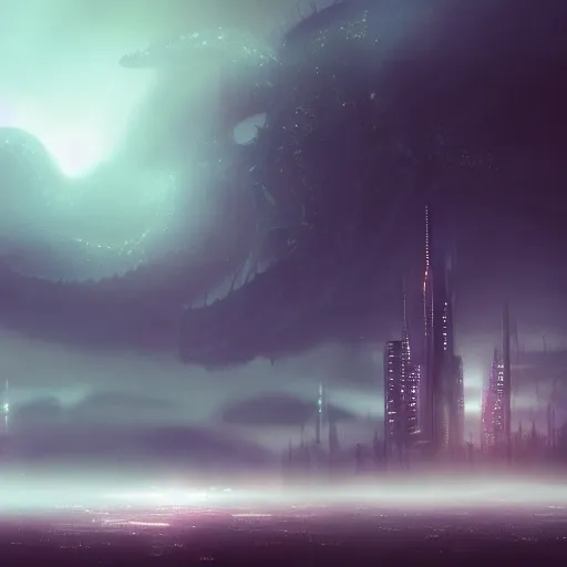 Prompt: a large creature in the fog covering a city. rain storm. in anime style, dark color. explosions, ultra wide angle, panoramic, fish eye, colorfull painting, centered, front, horizont, outline, stars, gundam, mech, detailed, art by stephan martiniere, 4 k resolution