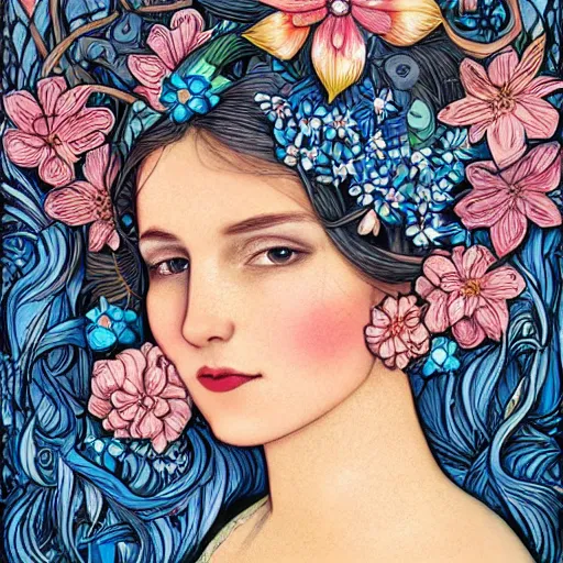 Image similar to realistic detailed face portrait of a beautiful woman with flowers in her hair and a blue jay nesting in her hair by jenny savilla, michael c hayes, fairytale, art nouveau, victorian, character concept design, smooth, extremely sharp detail, finely tuned detail, story book design, storybook layout