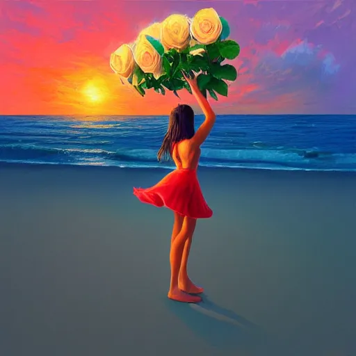 Image similar to portrait, giant rose flower head, girl dancing at the beach, surreal photography, sunrise, blue sky, dramatic light, impressionist painting, digital painting, artstation, simon stalenhag