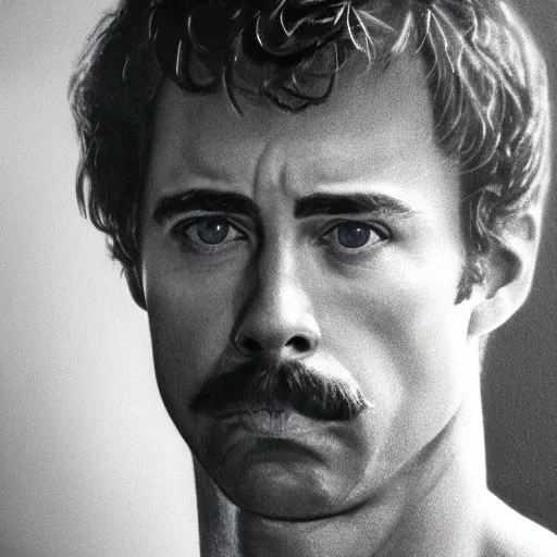 Image similar to film still photo portrait of the lovechild of napoleon dynamite and tom selleck, realistic, hyperrealistic, 8 k resolution, hd quality, very detailed, highly detailed, intricate details, real life, real world, trending on artstation, digital art, really realistic, very realistic, headshot, head in frame, photograph, portrait