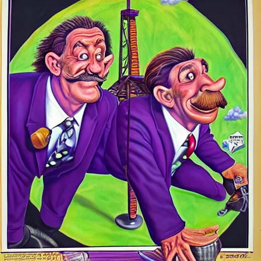 Image similar to beautiful lifelike painting of the chuckle brothers running a purple and green oil derrick, hyperreal detailed facial features and uv lighting, art by ed roth and basil wolverton