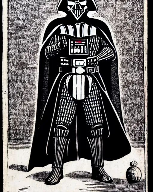 Image similar to b & w woodcut illustration of darth vader from the nuremberg chronicle, 1 4 9 3, restored, hq scan