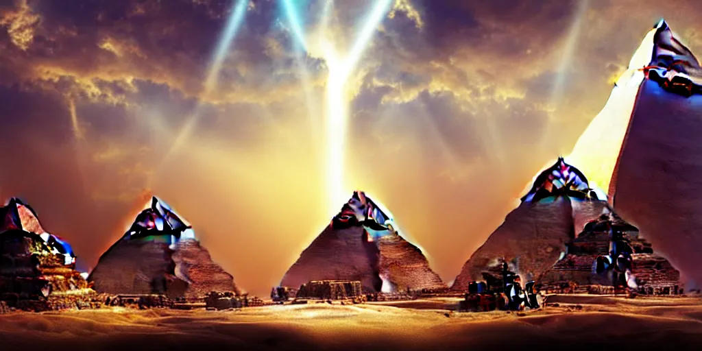 Prompt: beautiful egyptian pyramid, magic, waterways, waterfalls, gorgeous clouds, god rays, digital art, landscape, fantasy art, octane render, ureal engine, high detail, very realistic, by greg rutkowski. by james gurney