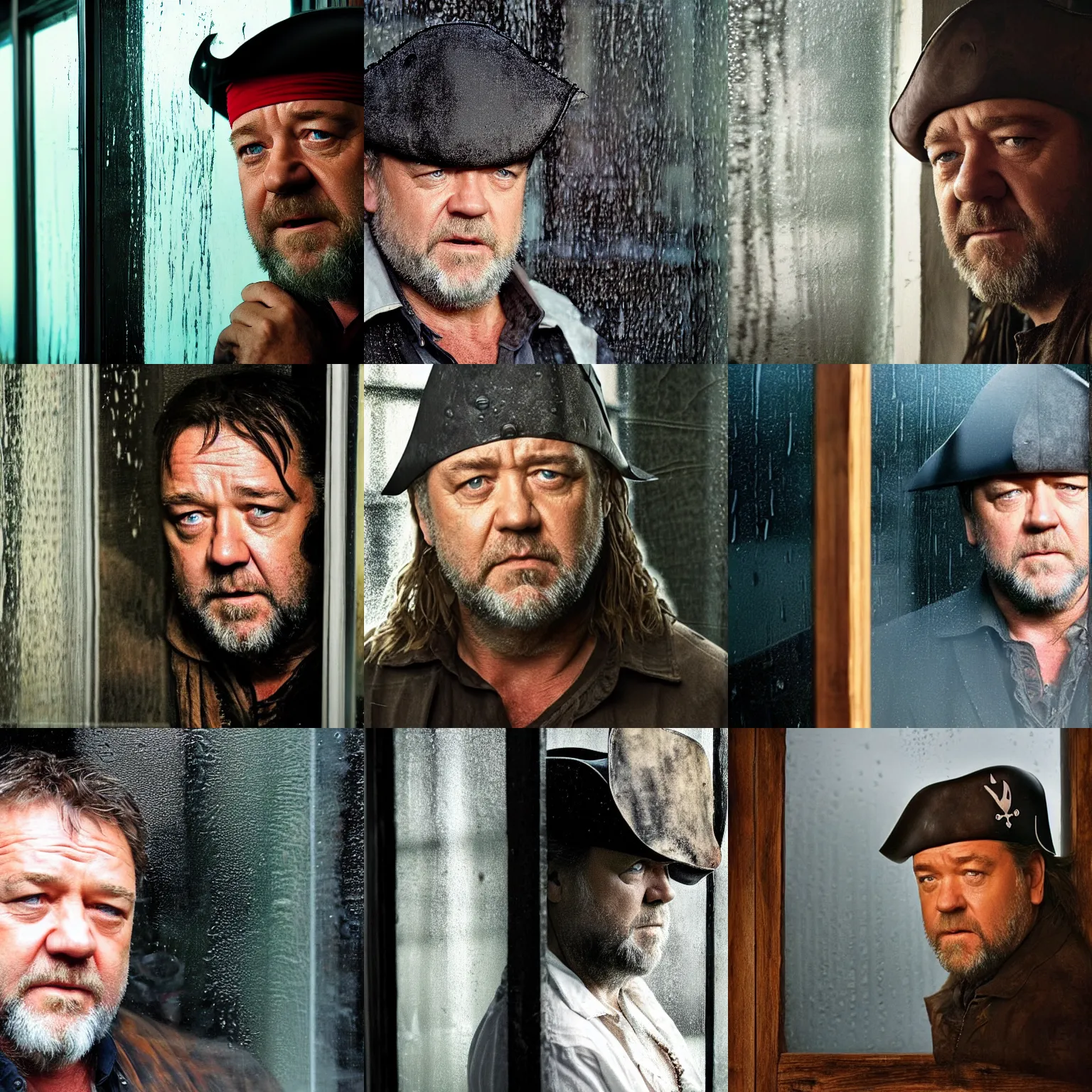 Image similar to obscured by small window, concerned russell crowe wearing a big pirate hat standing behind a rainy dirty window and wooden wall peering out towards the camera