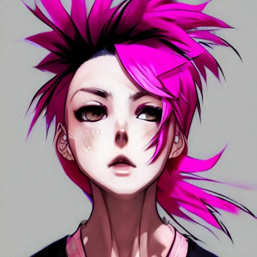 Image similar to full headshot portrait of anime woman with pink mohawk punk, digital art, drawn by WLOP, by Avetetsuya Studios, anime manga panel, trending on artstation, wearing a plaid shirt