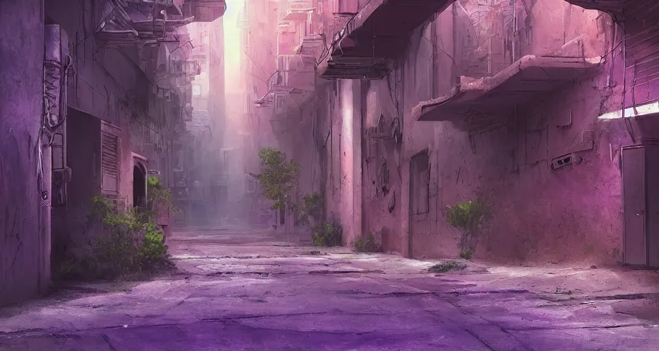 Image similar to Sci-fi wallpaper of an alley in a desert city, close-up view, purple color-theme, cinematic, science-fiction art wallpaper, stunning digital art