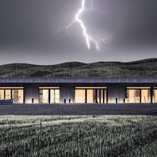 Image similar to exterior view of modern futuristic farm house architecture and barn, on a hill with a view overlooking the city, lightning in grey skies, detailed luminescent oil painting 4 k