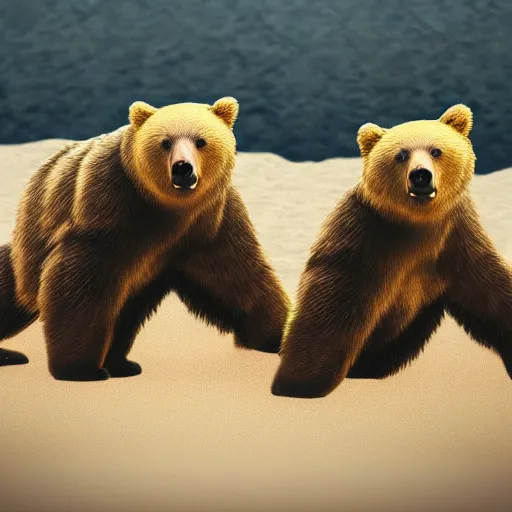 Image similar to Bears dancing at a party at the beach, cinematic, atmospheric, 8k resolution, ArtStation, Hyperrealistic