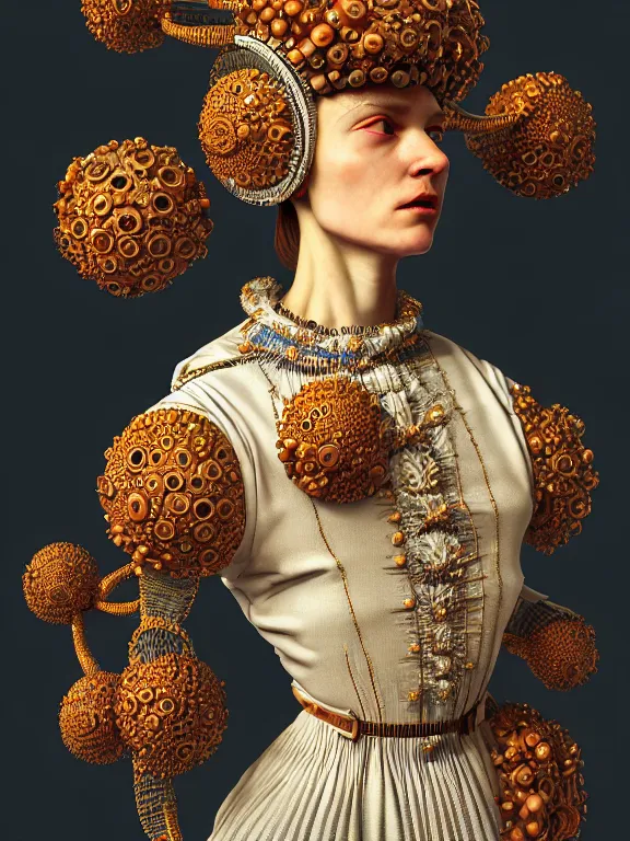 Image similar to colour caravaggio style photography of highly detailed beautiful woman with 1 0 0 0 years perfect face and wearing detailed ukrainian folk costume designed by taras shevchenko also wearing highly detailed retrofuturistic sci - fi neural interface designed by josan gonzalez. many details in style of josan gonzalez and mike winkelmann and andgreg rutkowski and alphonse muchaand