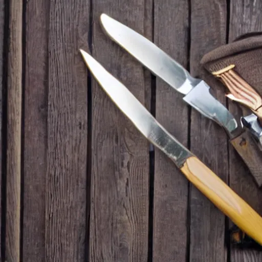 Image similar to a fork, a plate and a knife on a wooden table