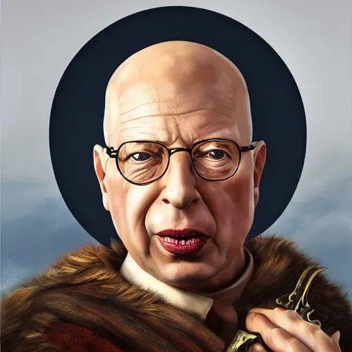 Prompt: a detailed fantasy character painting of Klaus Schwab with devil horns on his head, he has a forked tongue like a snake and black eyes, holding a lamb, dressed like Jesus Christ, by lauri blank, artgerm, evelyn de morgan, 8K, 50mm lens