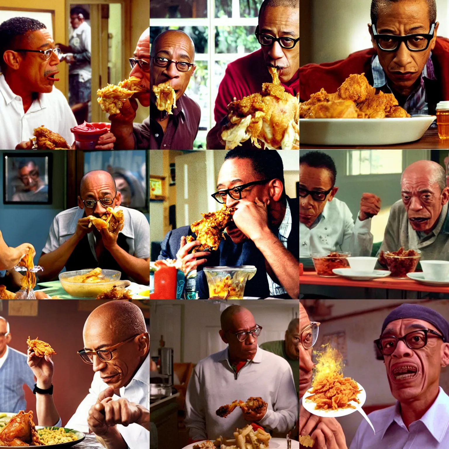 Prompt: gus fring devouring chicken with hector salamanca snorting meth in the background