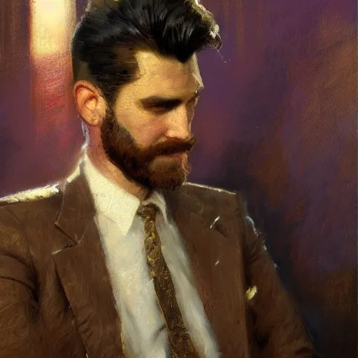 Image similar to a man with a pompadour haircut, painting by Gaston Bussiere, Craig Mullins