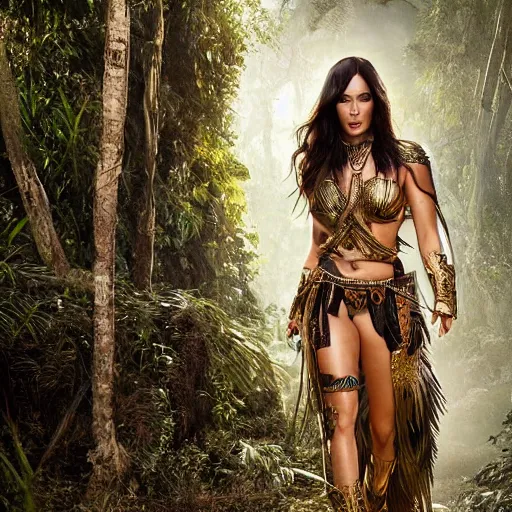 Image similar to full body photo of megan fox as a beautiful amazon warrior goddess wearing a flowing cape and golden chain mail armor, ornate jewelry, in the jungle, studio lighting, octane render, fashion photo by Arney freytag