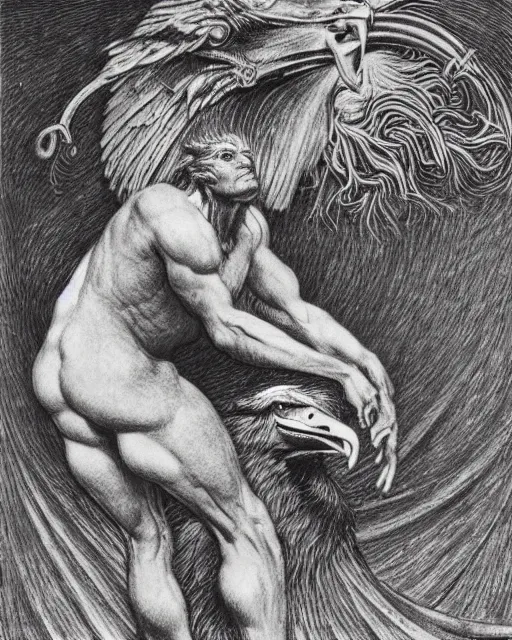 Image similar to a creature with the body and eyes of a man, with the beak of an eagle, the mane of a lion, and the horns of an ox. drawn by jean delville