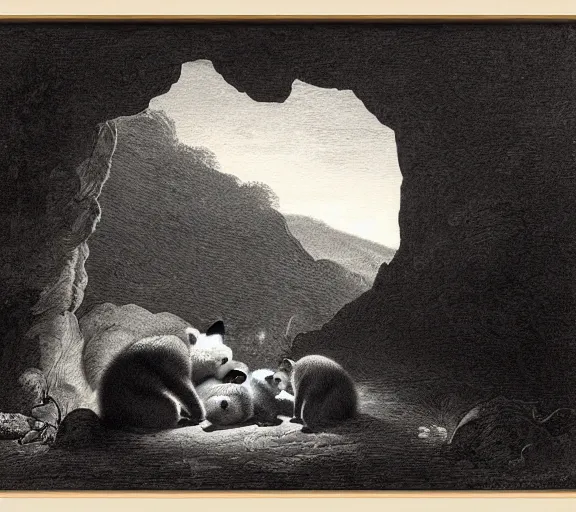 Prompt: viewer looking into dark cave and seeing a mother bear and her cubs sleeping, night time, artwork by Pieter Claesz, cross hatching, framed painting,