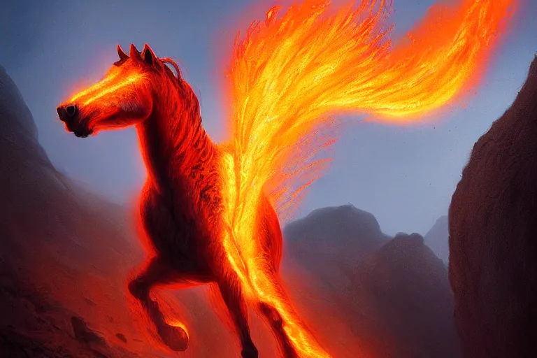 Prompt: a stunning digital painting of a horse made of lava with a mane and tail made of fire by greg rutkowski, volumetric light, digital art, fine detail, photorealistic