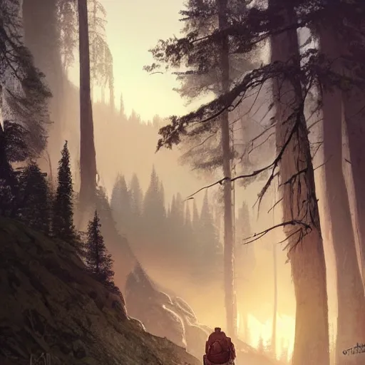 Image similar to explorer detailed man with backpack standing at a forest looking for adventure in the mountains, tall trees, landscape is lush, moody sunset in background, greg rutkowski, alphonse mucha, trending on artstation, artgerm, unreal engine, breathtaking, award winning, highly detailed w 1 0 2 4