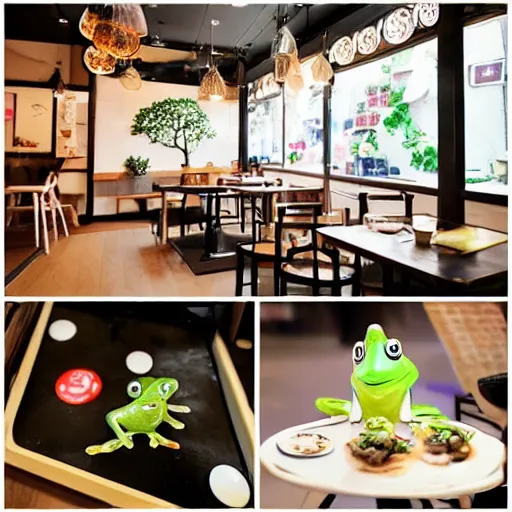 Image similar to cute frog themed cafe, japanese cafe photography,