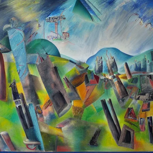 Image similar to paisaje de santiago de chile pintado al estilo de Roberto Matta , oleo sobre tela