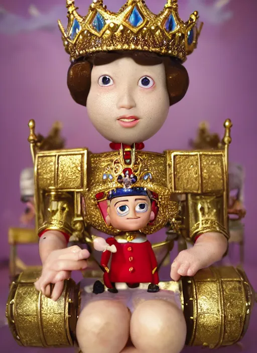 Image similar to closeup face profile portrait of tin toy prince charles as a fairytale prince wearing a crown eating cakes, depth of field, zeiss lens, detailed, symmetrical, centered, fashion photoshoot, by nicoletta ceccoli, mark ryden, lostfish, breathtaking, 8 k resolution, extremely detailed, beautiful, establishing shot, artistic, hyperrealistic, octane render