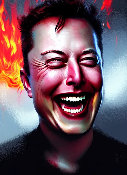 Prompt: portrait of insane elon musk laughing as a tesla runs into a child and bursts into flames, intricate, unholy, fire, highly detailed, digital painting, artstation, concept art, smooth, sharp focus, illustration, art by wlop, mars ravelo and greg rutkowski