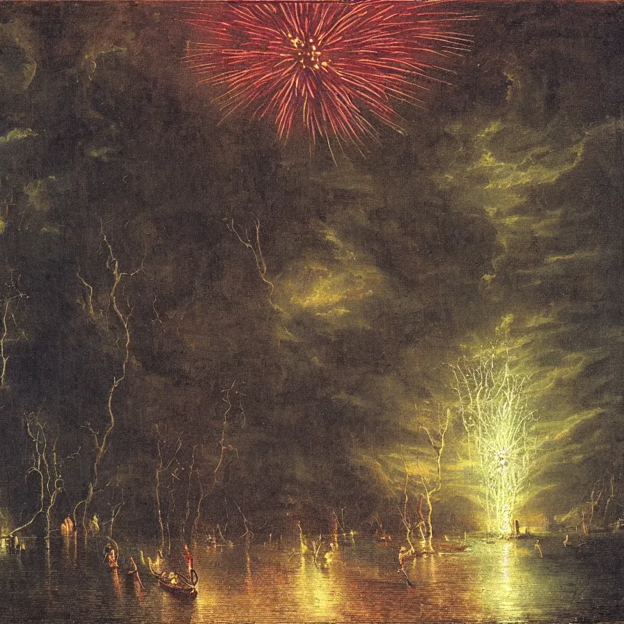 Image similar to closeup of a night carnival around a magical in a summer storm, tree cavity with a music scenario with many fireworks and christmas lights, next to a lake with iridiscent lake water, volumetric lightning, folklore people disguised with fantastic creatures in a magical forest by summer night, masterpiece painted by caspar david friedrich, scene by dark night environment, refraction lights,