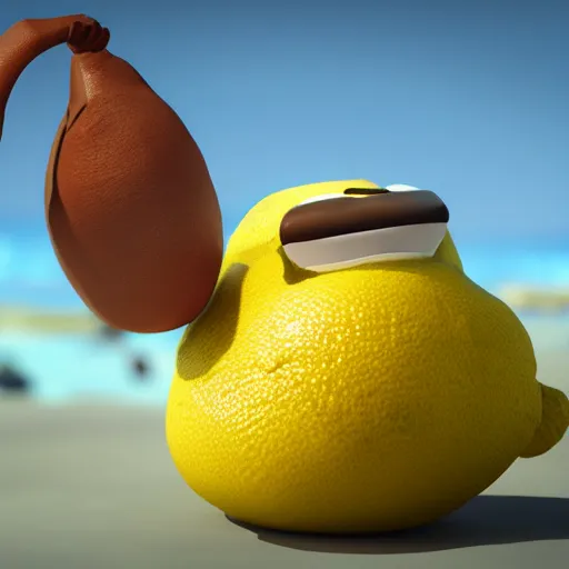 Image similar to a lemon cartoonish character, that is muscular, is relaxing on a beach, inspired by dalle - 2, octane render, 3 d, volumetric lightening