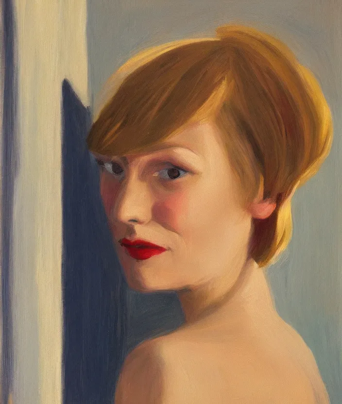 Image similar to a closeup portrait of woman with a blonde bob with bangs, in the style of edward hopper, very fine brush strokes, 4 k,