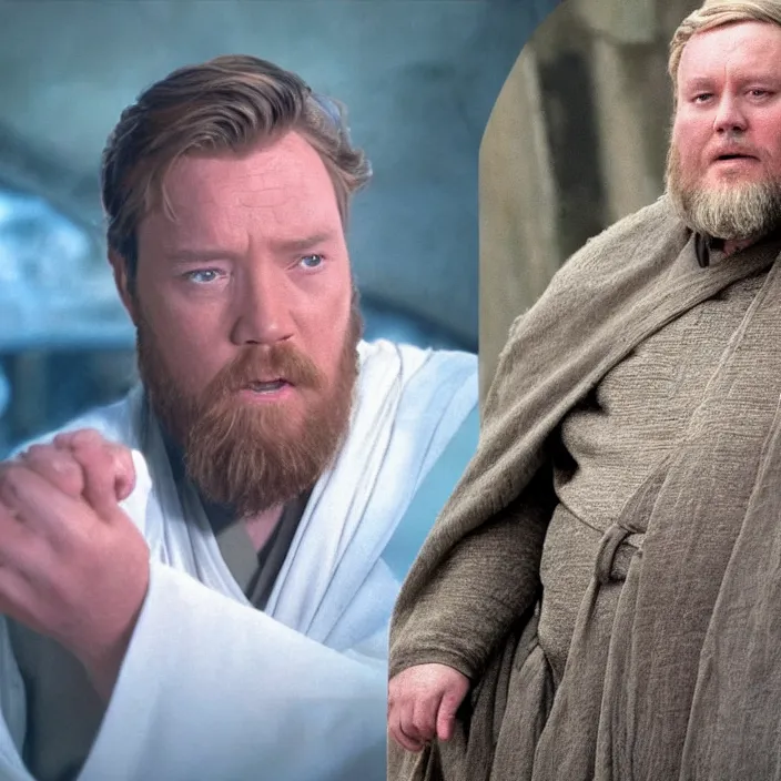 Image similar to obi wan kenobi but obese!! and overweight, photoralistic rendering, movie still, screenshot, hyperdetailed