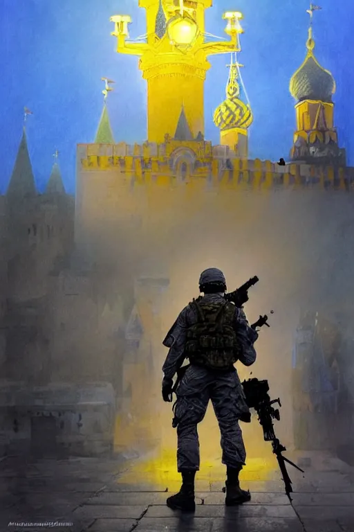 Image similar to special forces soldier installin ukrainian blue and yellow flag on red square kremlin, masculine figure, d & d, fantasy, bright atmosphere, volumetric lights, intricate, elegant, extremely detailed, digital painting, artstation, concept art, matte, smooth, sharp focus, hyper realistic, illustration, art by artgerm and greg rutkowski and alphonse mucha