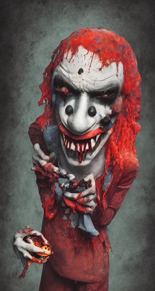 Image similar to water painting of a sad jester in a clown suit with a sad face reluctantly eating a human corpse, gothic, dark, gory, fear, 4 k, realistic, sad, surreal, volumetric lighting