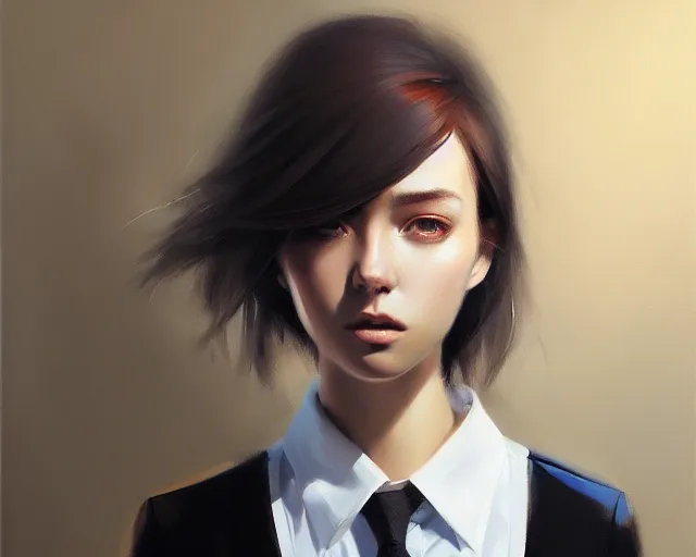 Image similar to a ultradetailed beautiful portrait panting of a stylish woman wearing a shirt with a tie, she has messy hair, oil painting, by ilya kuvshinov, greg rutkowski and makoto shinkai, trending on artstation