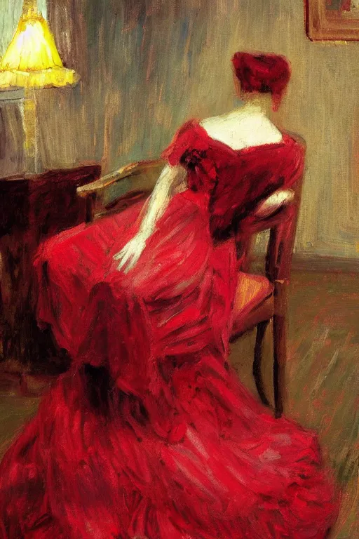 Image similar to a red dress laid across a chair in a dark victorian era room. in the style of american impressionism painting.