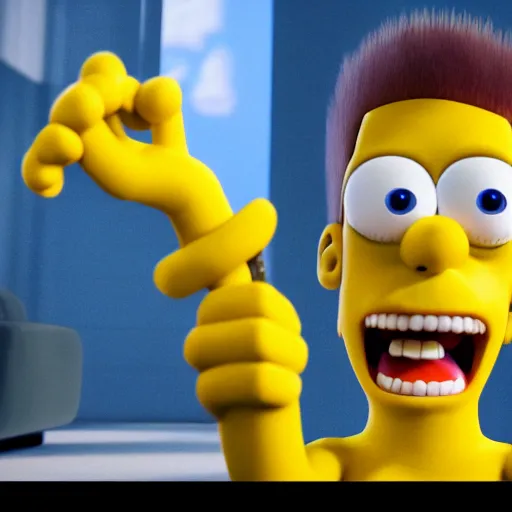 Image similar to film still of Bart Simpson in Monster Inc from Pixar, octane render, volumetric, raytracing, trending on artstation